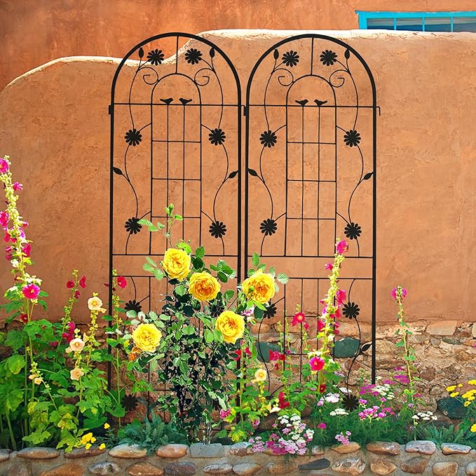 2 Pack Metal Garden Trellis for Climbing Plant Rose Stand, Black Outdoor 71'' Tall Flower Support Iron Garden Fence (Black 71''H