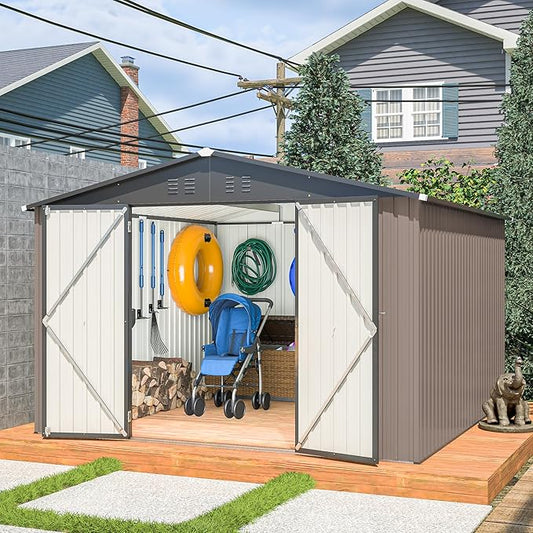 Outdoor Storage Shed, 10x10 FT Galvanized Steel Metal Shed, Lockable Waterproof Tool Storage Sheds for Garden, Patio, Lawn – Durable Storage Solution in Multiple Sizes