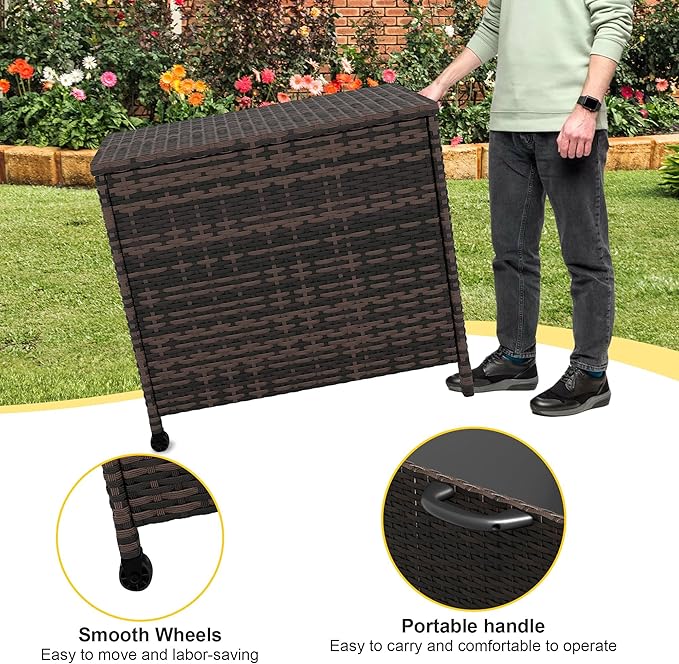 Outdoor Storage Deck Box, 80 Gallon Rattan Patio Furniture Storage Bins with Lid, Waterproof Outside Organizer Cabinet with Wheels and Handle for Cushions, Patio Furniture, Garden Tools