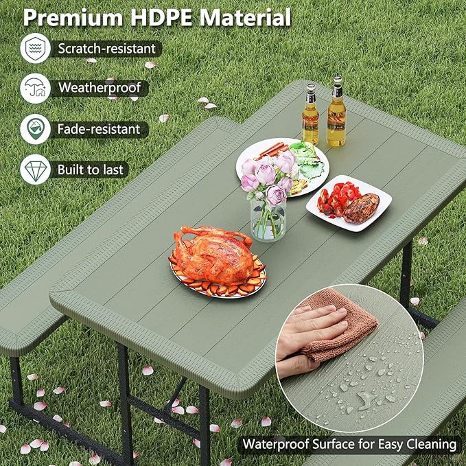 Tangkula Picnic Table, HDPE Outdoor Rectangular Table Bench Set with 2 Built-in Benches, Umbrella Hole, Metal Frame for 4 Person, Garden Yard Patio Lawn