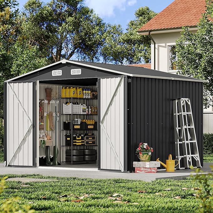 10x8FT Outdoor Storage Shed, Metal Garden Shed with Lockable Double Doors & Sloping Roof, Weather-Resistant Tool Shed for Backyard, Patio, Poolside Black