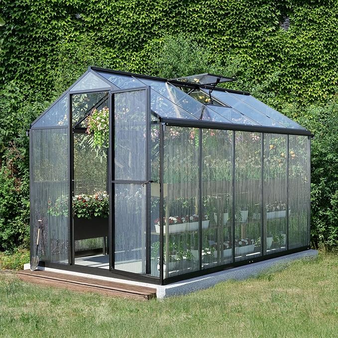 Aoodor 6 x 10 Ft Walk-in Greenhouse with Gutter, Polycarbonate and Heavy-Duty Aluminum Frame, Adjustment Skylight and Lockable 2-Sided Door for Patio, Outdoor, Yard, Lawn Use, Black