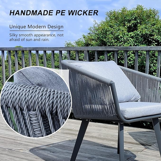 Indoor Outdoor Patio Dining Set - 7 Pieces All in One Patio Wicker Furniture Set, Table and Chairs Set with Cushions and Pillows, 6 Aluminum Frame Chairs and 1 Rectangle Table