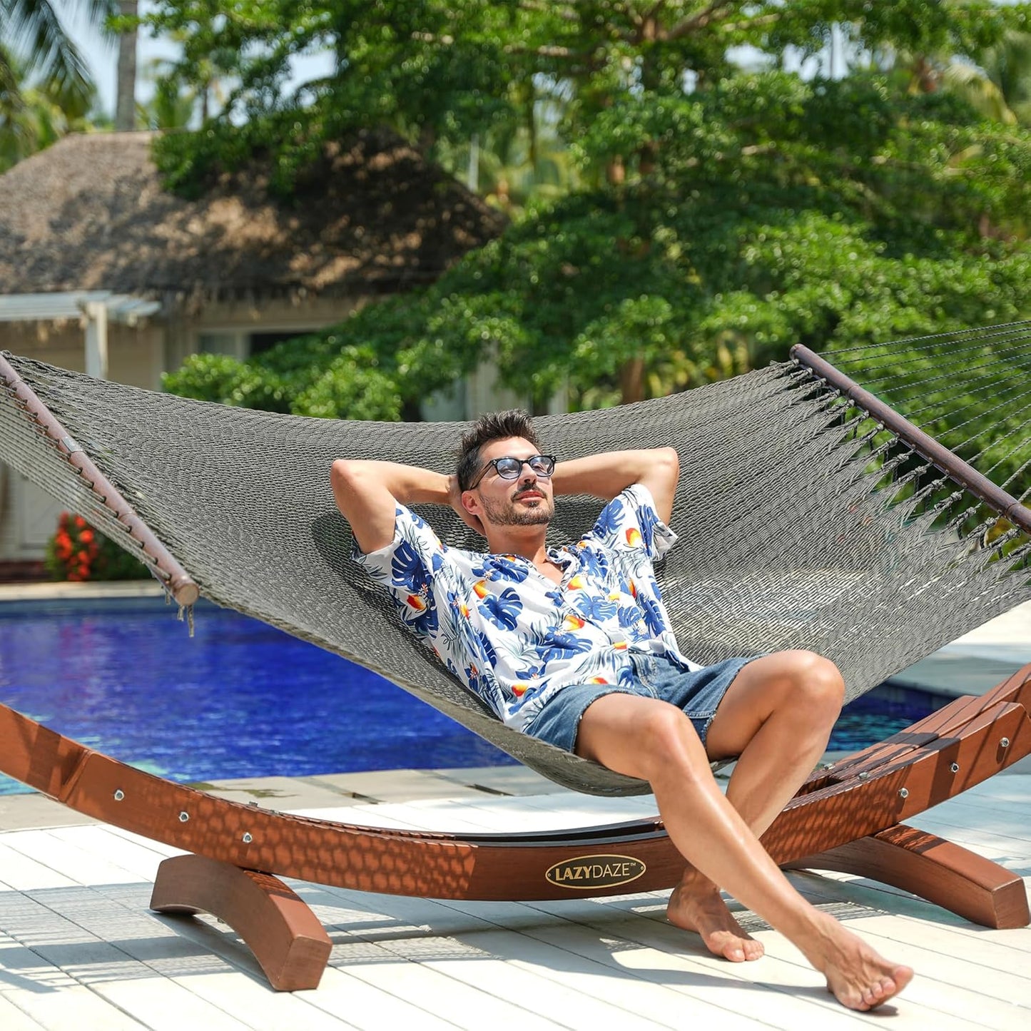 Lazy Daze Hammocks 10.5 FT Double 2 Person Caribbean Rope Hammock, Hand Woven Polyester Hammock with Spreader Bars, for Outside Outdoor Backyard Patio Poolside,450 LBS Capacity, Gray