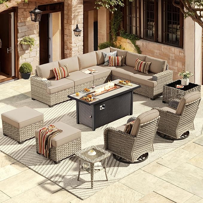 HOOOWOOO Outdoor Sectional Patio Furniture Set with Fire Pit Table,13 Pieces Wicker Conversation Sets L Shaped Couch,Extra Deep Out Door Sofa Outside Furniture with Swivel Chairs Ottomans,Beige
