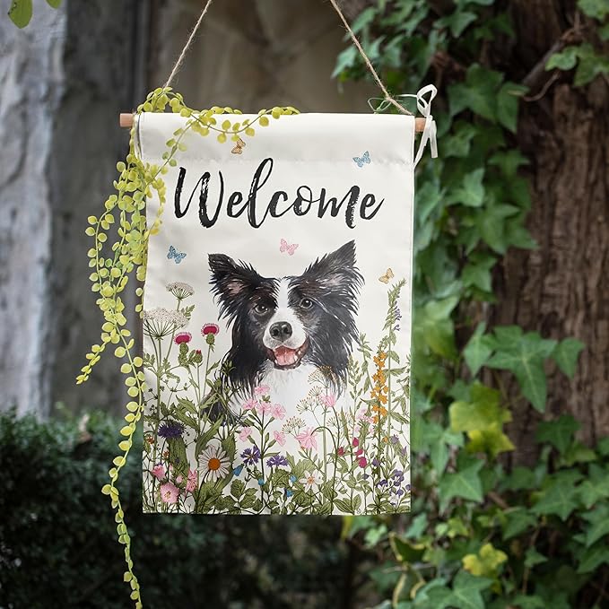 Floral Border Collie Garden Flag Spring Summer Yard Flag Flower Dog Garden Flags for Outside Small Outdoor Welcome Flags 12x18 Double Sided