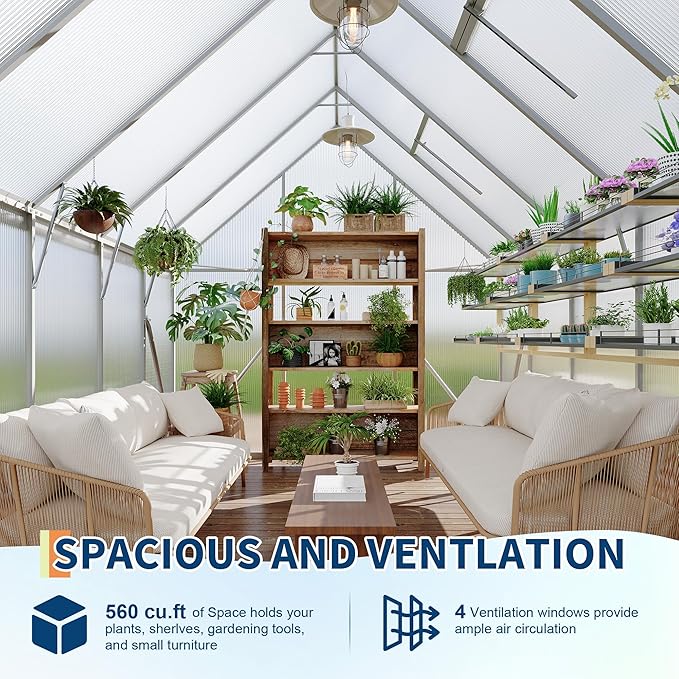 8'X10' Aluminum-Framed Polycarbonate Greenhouse, Heavy Duty Polycarbonate Greenhouse with Quick Setup Structure and Roof Vent, Large Enhanced Aluminum Greenhouses Kit for Outdoors