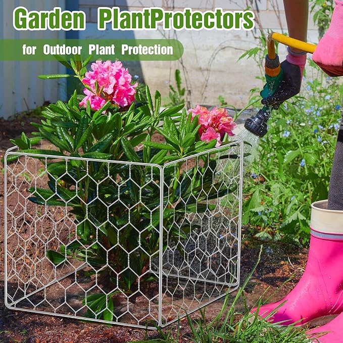 16 Set Wire Plant Protectors Square Wire Plant Cages Chicken Wire Cloche Mesh Plant Cage with 64 Ground Stakes and 200 Nylon Ties Protect Plants, Garden, Vegetables from Animals(12 x 12)