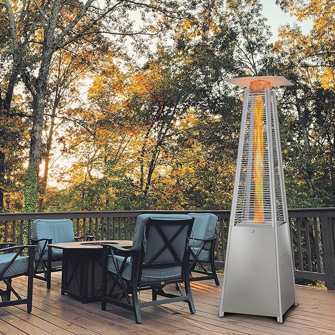 Hykolity 48000 BTU Pyramid Patio Heater, Outdoor Propane Heaters with Wheels and Cover, Glass Tube Propane Patio Heater for Backyard, Garden, Porch and Pool, Silver Grey