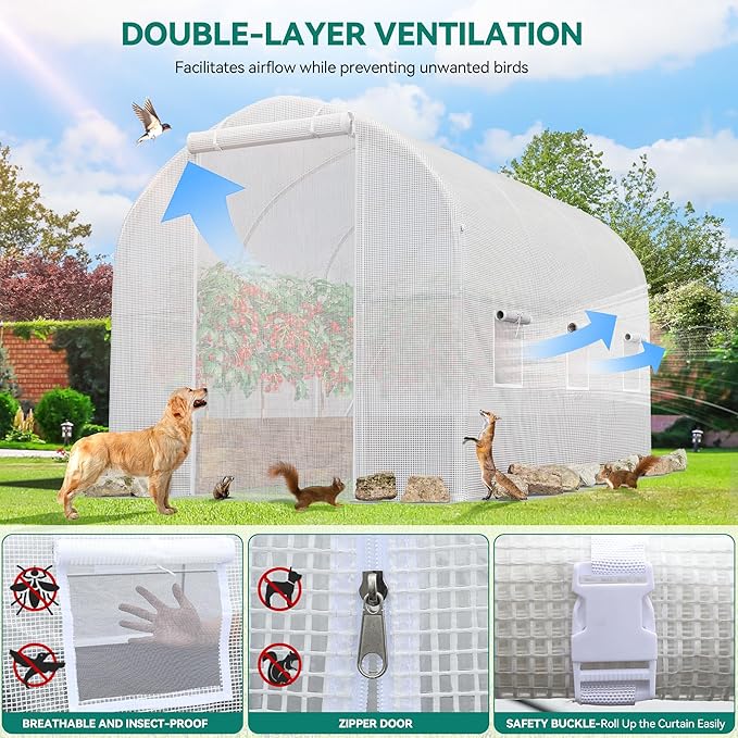 YITAHOME 10x6.5x6.5ft Greenhouses Large Walk-in Green House Heavy Duty Tunnel Green Houses Outdoor Portable Plant Gardening Upgraded Galvanized Steel Frame Zipper Doors 5 Crossbars Garden, White