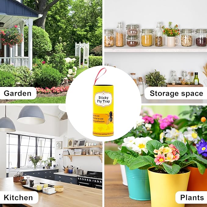 Dwcom 40 Packs Fly Strips, Fly Traps Indoor/Outdoor for Home Hanging, Fly Ribbon Tape Paper, Sticky Gnat Killer Traps Catcher for Fruit Flies, Bug, Insect, Pest, Mosquito, Plant