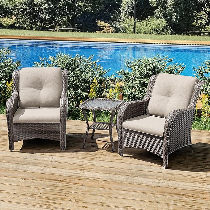 Joyside Patio Bistro Set Wicker Chairs - 3 Piece Outdoor Rattan Conversation Set with 2 Armrest Chair and 1 Side Table for Proch Deck Garden Backyard Balcony(Mixed Grey/Beige)