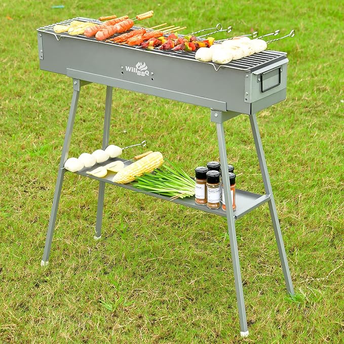 Charcoal Grills Commercial Quality Portable Multiple Size Hibachi BBQ Lamb Skewer Folded Camping Barbecue Grill(31.6x7.1x5.1 inch With Accessories)