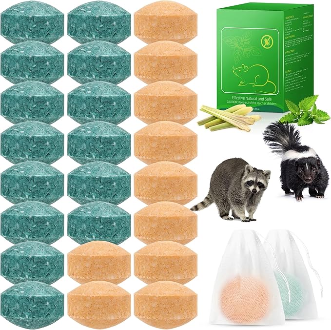 24 Pack Skunk & Raccoon Repellent Ball, Natural Rodent Repellent Balls for House, Squirrel Mice Repellents for Cars, Keeping Skunk Out of Car, Garage, Attic, RV Mouse Deterrents Pet Safe