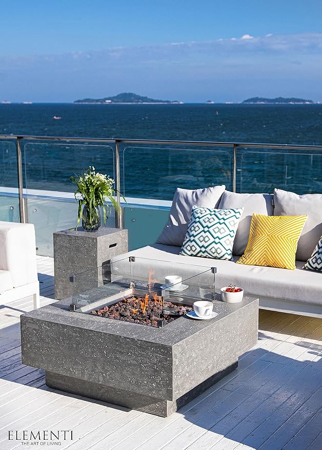 Elementi Manhattan Gas Fire Pit Bundle Concrete Fire Table, Outdoor Fire Pit Electronic Ignition | Canvas Cover, Lava Rock Included | Free AMS Wind Guard | Light Gray (Propane Gas)