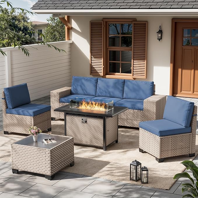 7 Pieces Patio Furniture Set with Fire Pit Table, Outdoor Sectional Wicker Sofa with Thickened Cushions and Coffee Table, High Back Rattan Patio Conversation Sets, Navy