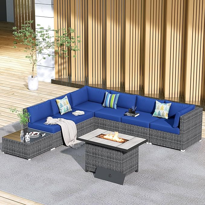 HOOOWOOO 8 Piece Patio Sectional Furniture Set with Fire Pit Table,Modern Wicker Outdoor Conversation Sofa Sets,Weather Resistant Modular L Shaped Outside Couch Set(Navy Blue)