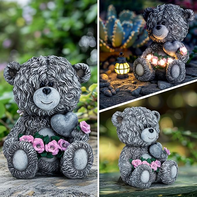 Solar Garden Outdoor Statues Bear with Heart and Pink Flower and 5 LED Lights-Lawn Decor Bear Statue for Patio, Balcony, Yard Ornament-Unique Mother's Day and Housewarming Gifts for Mom, Women