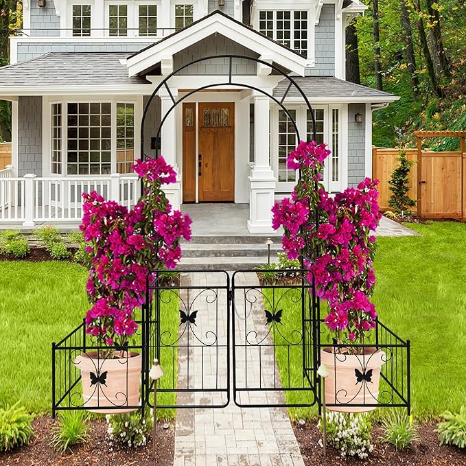 Metal Garden Arch with Gate and 2 Plant Stands, Garden Arch Trellis for Climbing Plants Outdoor, Garden Arbor for Weddings Party Events Decoration, 79.5" L X 20" W X 86.6" H, Black