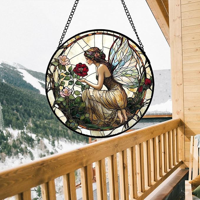 Stained Glass Window Hanging - Butterfly Flower Fairy Suncatcher for Door Terrace Garden Home Decor Yellow Green Plants Sun Catcher Birthday Gifts for Lovers Women Men Dad Mom Nana 6.3 in