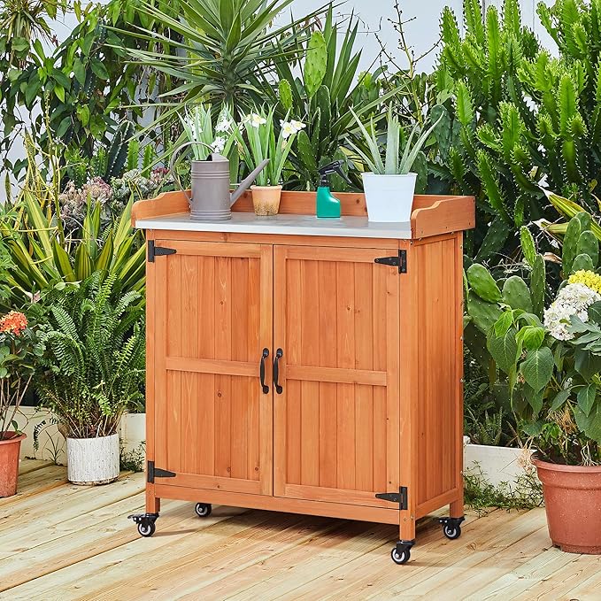 Yaheetech Garden Potting Bench Table - Outdoor Garden Patio Wooden Storage Cabinet & Solid Wood Planting Work Bench with Large Space Storage & Metal-Plated Tabletop, Brown