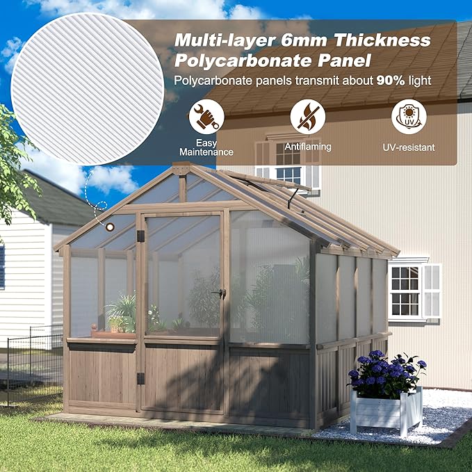 VEIKOU 8’x8’ Greenhouses for Outdoors, Walk-in Wood Greenhouse with Cedar Frame & Adjustable Vents, Garden Green House with 6MM Thick Polycarbonate Panel for Outside, Backyard, Light Brown Mocha