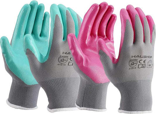 HAUSHOF Gardening Gloves for Women Ladies Thorn Proof 6-Pairs Work Gloves, Women's Breathable Garden Gloves Nitrile Coated with Texture for Yard Work, Pink & Green Large Size