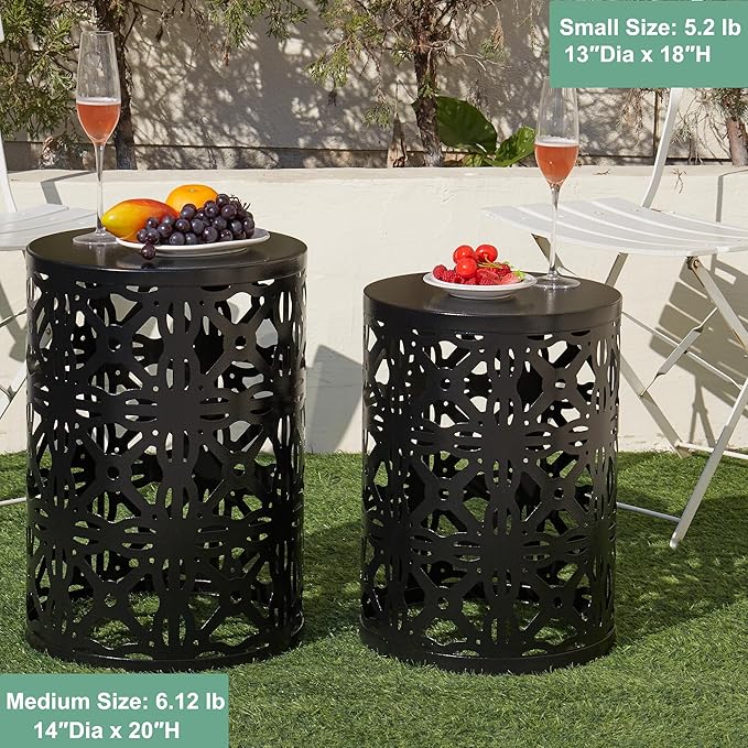 Y&M Set of 3 Garden Black Accent Decorative Stool, Nesting Metal Round Coffee Table, Black End Tables, Heavy Duty Meta Plant Stand Decorative Garden Stool, Outdoor Multifunctional Use