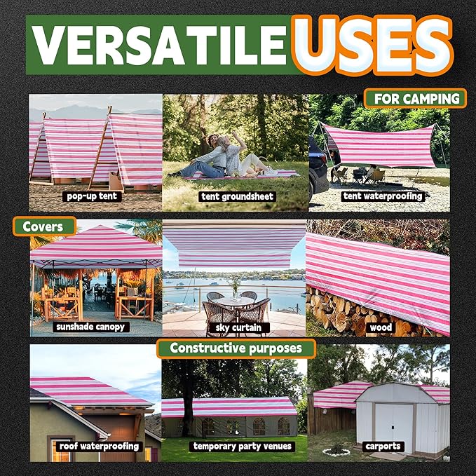 RAINDEWAY Tarps 12x14 Feet,12 Mil Sunshade Striped Tarp Waterproof,Multipurpose Poly Tarp Cover with Grommets and Reinforced Edges,Red/White Tarps