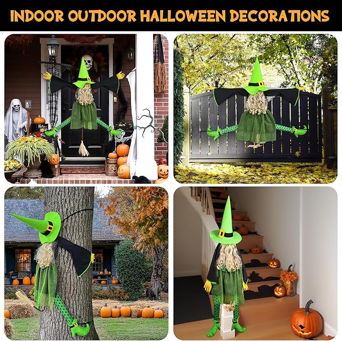 53" Halloween Crashing Witch Decoration – Green Flying Witch Tree Prop for Yard, Porch, Patio, Lawn – Funny Outdoor Halloween Decor for Garden, Fence, and Door