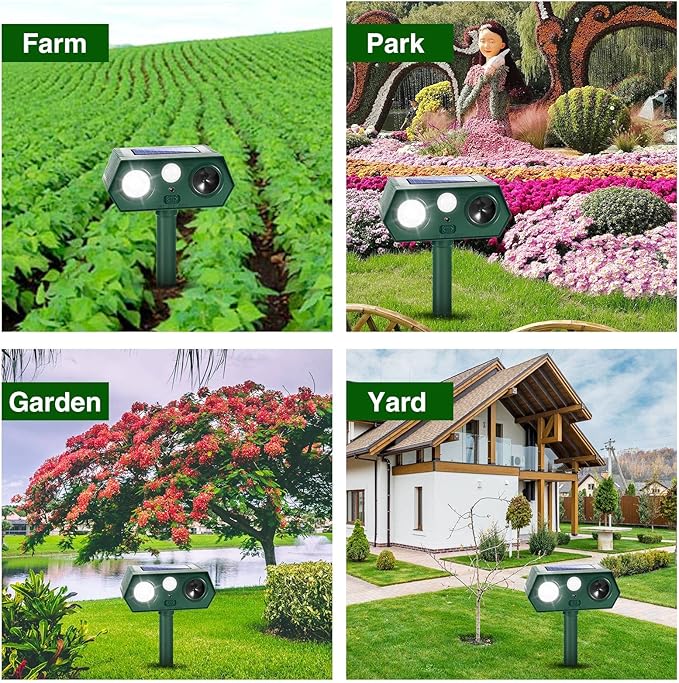 2025 Racoon Squirrel Sonic Fortress Pro Rabbit Repellent Outdoor, Solar Ultrasonic Animal Repeller Deer Deterrent with Motion Sensor&Flash Light to Scare Cat Dog Skunk Out of Garden Farm Yard(4Pack)