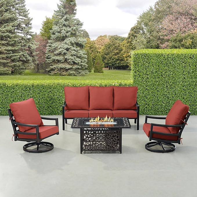 Oakland Living Black Aluminum Patio Fire Table Set with Deep Seating Sofa with Cushions and Two Club Chairs with Red Cushions