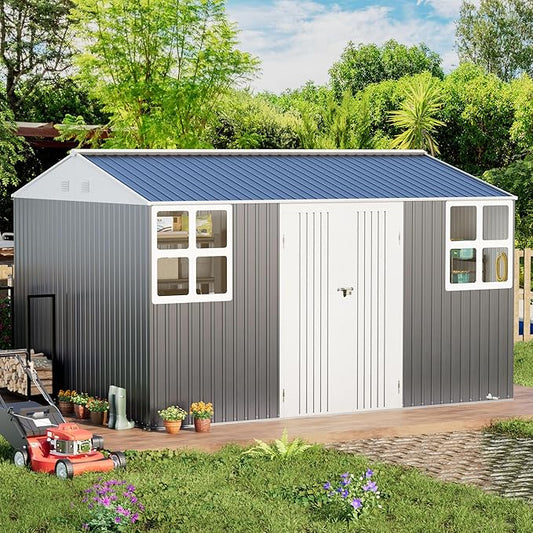 Metal shed 12x10 FT Outdoor Storage, Heavy-Duty Garden Sheds with Customizable Skylight & Reinforced Steel Frame, Weatherproof Galvanized Tool Tiny House for Backyard, Patio, and Lawn