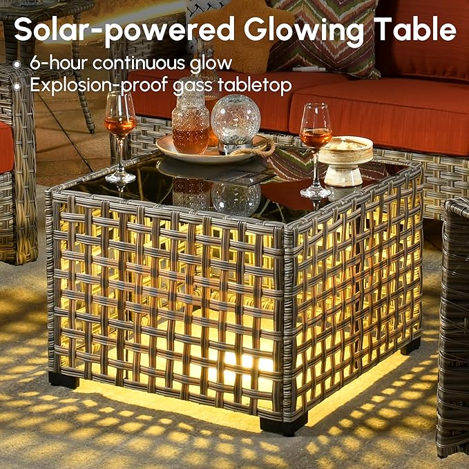 4 Pieces Patio Outdoor Furniture Set,All Weather Wicker Rattan Patio Seating Sofa and Chair Set w/ 3-Seater Sofa and Glowing Coffee Table,Outdoor Conversation Sets for Deck Yard Garden,Orange Red