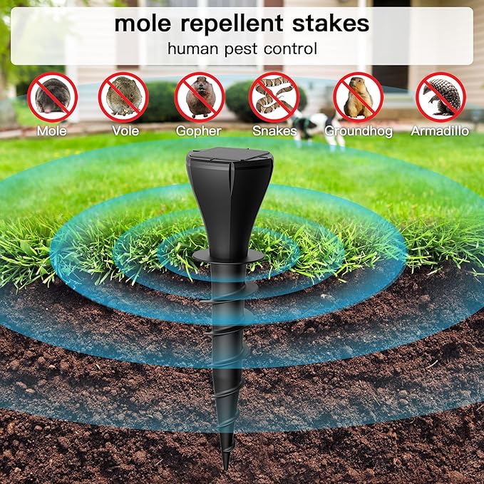 4 Pack Mole Repellent Solar Powered, Snake Vole Repellent Outdoor, IP65 Waterproof Snake Deterrent Gopher, Waterproof Sonic Mole Spikes for Lawn and Garden, Get Rid of Moles, Groundhogs, and Rodents