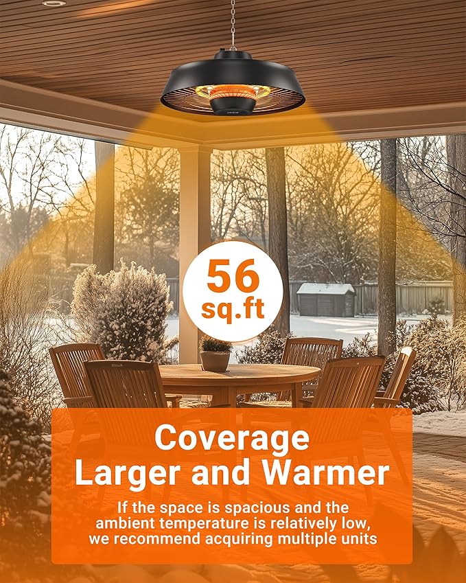Pasapair Patio Heater - 1500W Outdoor Hanging Heater 3S Fast Heating with Remote - Adjustable Height Waterproof Infrared Mounted for Gazebo Garage - ETL Certified