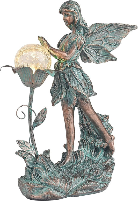 TERESA'S COLLECTIONS Garden Fairy Large Bronze Garden Sculptures & Statues Resin with Solar Outdoor Light, Valentines Decorations Lawn Ornaments for Outdoor Decor, Gifts for Women Mom, 10.6"