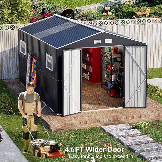Restland 10x12 FT Metal Storage Shed Reinforced Frame Outdoor Shed with Clear Roof, Air Vent & Lockable Door Large Garden Tool Storage Sheds for Backyard, Garden, Lawn