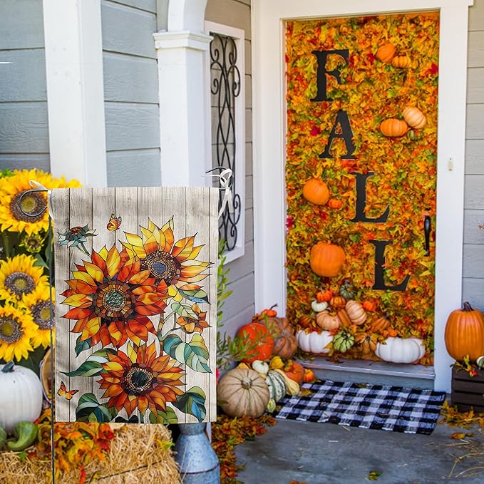 Stained Glass Sunflower Fall Garden Flag Autumn Flower Yard Signs for Outside 12x18 Double Sided Small Thanksgiving Monarch Butterfly Banner Outdoor Farmhouse Decorations