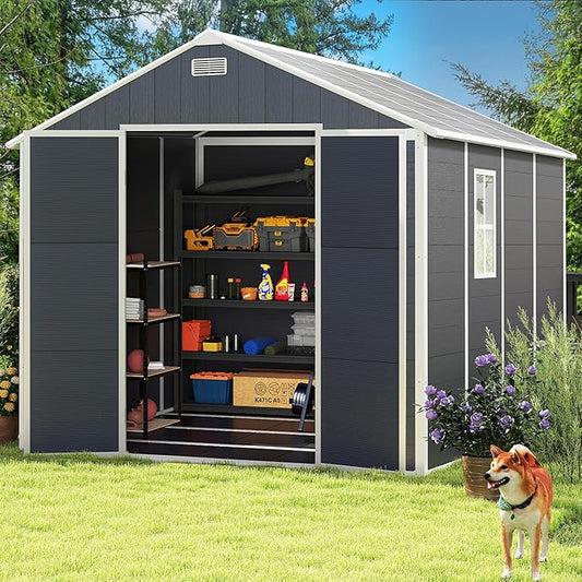 8x8 FT Resin Storage shed, Outdoor Storage Sheds with Floor, Window, Lockable Doors and Vents, 12mm Thick pp Board, Large Storage Space Tool Shed for Lawn, Backyard, Patio (Dark Gray, 8 * 8ft)