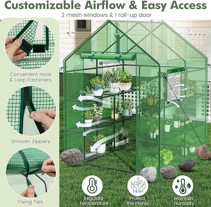Happygrill Walk-in Greenhouse, Portable Greenhouses for Outdoors w/8 Shelves, Roll-Up Zippered Door, 2 Observation Windows & 2 Tiers, Weather-Proof PE Cover, Wind Rope Included, 57”L x 57”W x 77”H