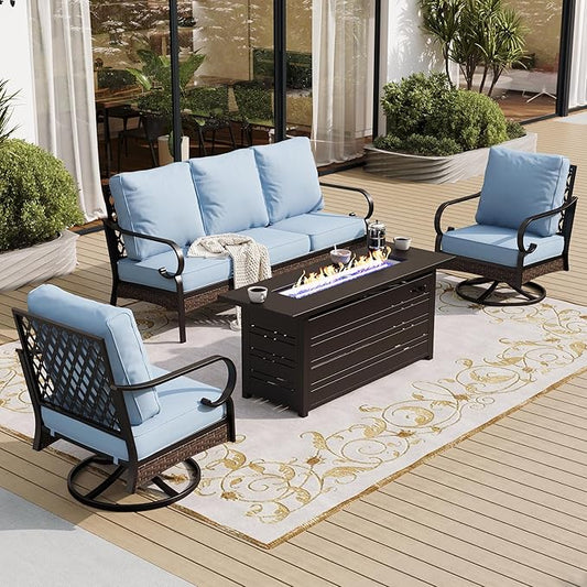 4 Piece Black Metal Outdoor Patio Furniture Sets with Firepit Table, Patio Conversation Sets 1 3-Seater Sofa, 2 Swivel Sofa with 5.75" Thick Cushion Backyard Furniture for Deck, Blue