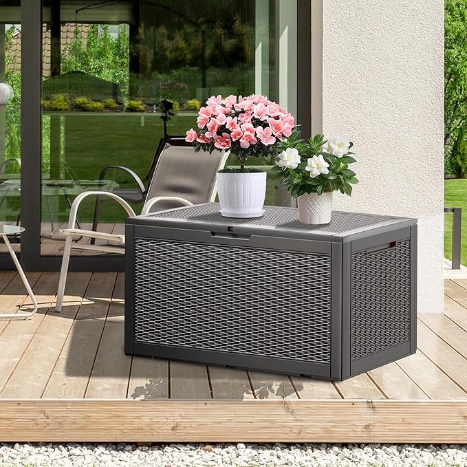 100 Gallon Waterproof Deck Box, Lockable Resin Storage Box for Patio Furniture Cushions Garden Tools and Outdoor Delivery Storage, Coffee