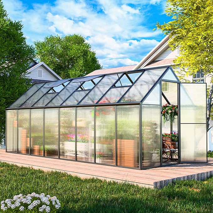 Greenhouse, 6x16 FT Easy Assembly Hybrid Polycarbonate Greenhouses for Outdoors w/3 Vent Windows & Swing Door Walk-in Green Houses Aluminum GreenHouses for Garden, Black