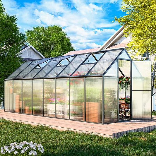 Greenhouse, 6x16 FT Easy Assembly Hybrid Polycarbonate Greenhouses for Outdoors w/3 Vent Windows & Swing Door Walk-in Green Houses Aluminum GreenHouses for Garden, Black