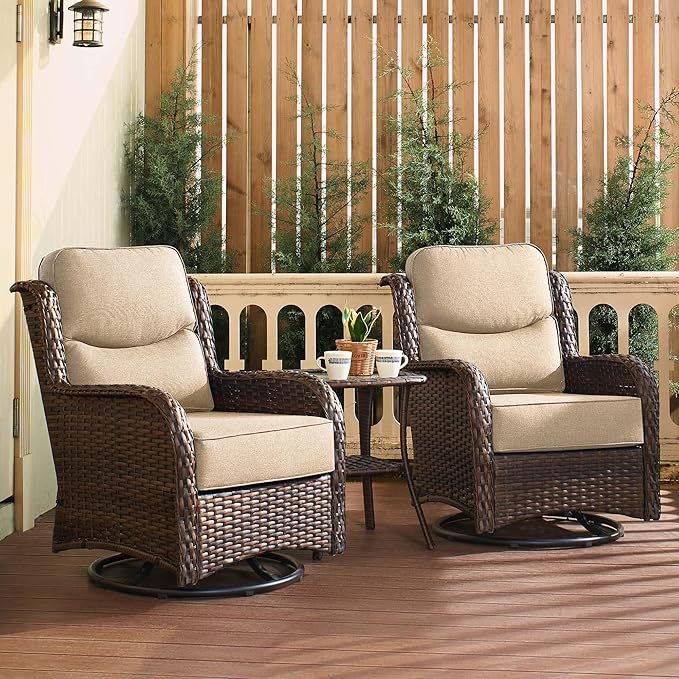 HILLGA Luxury Patio Furniture Set with 6-inch Thick Cushion, Outdoor High Back Swivel Rocker Patio Chairs, 3PCS Wicker Conversation Set for Deck Yard and Poolside, Beige (V2)