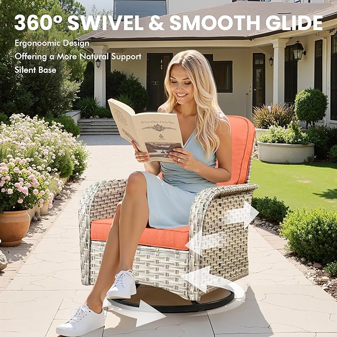 Outdoor Swivel Rocker Patio Chairs with Side Table,Wicker Swivel Rocking Chair Set of 2,3PCS High Back Wicker Patio Furniture Set Glider Chairs for Porch, Balcony, Deck,Yard,Red