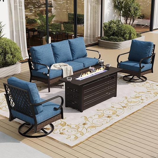 4 Piece Black Metal Outdoor Patio Furniture Sets with Firepit Table, Patio Conversation Sets 1 3-Seater Sofa, 2 Swivel Sofa with 5.75" Thick Cushion Backyard Furniture for Deck, Blue-2