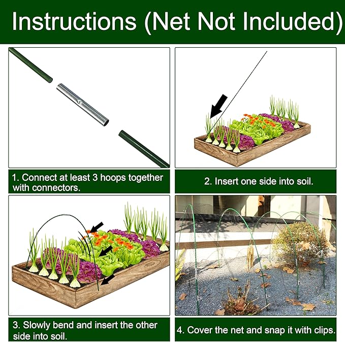 PHYEX Garden Hoops Greenhouse Hoops for Row Covers & Raised Beds, Rust-Free Fiberglass Frame, DIY Adjustable Garden Tunnel with Clips for Plant Covers, Netting, & Frost Protection, 60pcs