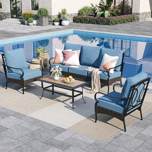 Sophia & William Patio Furniture Set, 4 Piece Metal Outdoor Conversation Set with 3-Seater Outdoor Couch, 2 Sofa Chairs, 1 Coffee Table for Outdoor Seating, Backyard, Porch(Navy Blue)